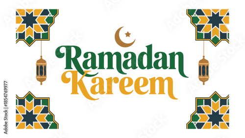 Ramadan Kareem: Elegant typography of 'Ramadan Kareem', embellished with Islamic-inspired decorative elements and lanterns, set against a clean backdrop, celebrating the holy month.