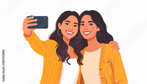 Joyful moment captured two smiling young women taking a happy selfie with a smartphone, showcasing friendship and modern connection