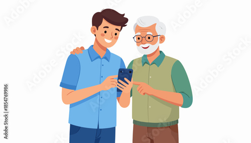 A young man patiently helps his elderly father or grandfather use a smartphone, an illustration of intergenerational bonding and technology