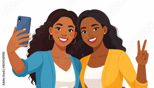 Two smiling young women taking a selfie with a smartphone and one of them making a peace sign gesture