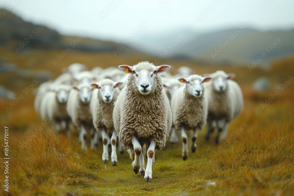 Fototapeta premium Farmer herding sheep across green pasture on sunny day