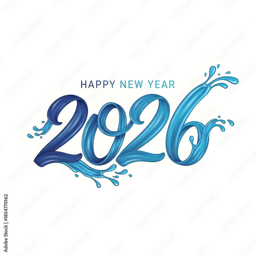 Obraz premium Happy New Year 2026 greeting card with blue liquid splash typography