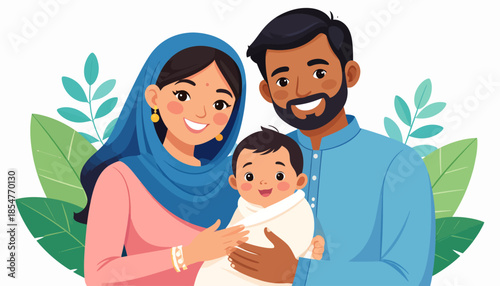 Joyful illustration of a diverse family embracing their newborn baby, radiating happiness and love as parents tenderly cradle their precious child surrounded by natural elements