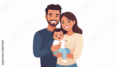 Happy young family with a newborn baby. Loving mother and father holding their infant child, smiling together. Vector illustration of parenthood and love
