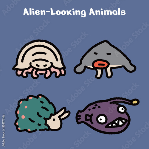 Alien Looking Animals Cartoon Illustration Set