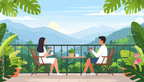 Romantic couple enjoying a morning coffee date on a scenic balcony overlooking a lush green mountain range and tropical forest