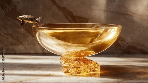 Gold bowl with fish, decorative pedestal, marble surface, sunlit interior