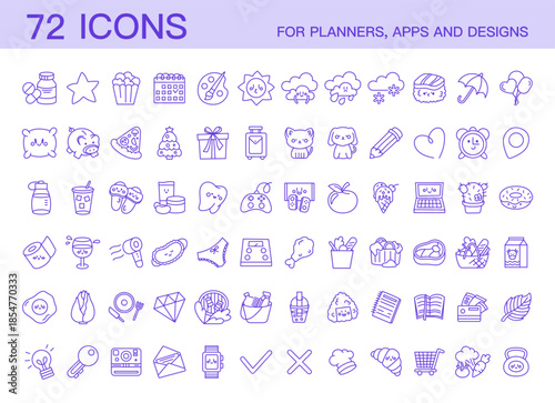 Hand Drawn Planner Lifestyle Icons Mega Set with Food, Weather, Education, Shopping, Media, Hobbies, Daily Activities and Cute Everyday Symbols for Digital Planners and Apps
