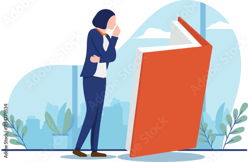 Learning business - Businesswoman reading large book, thinking and gaining knowledge. Career development and self education concept. Vector illustration with white background.
