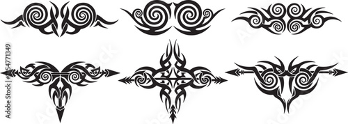 Set of intricate tribal tattoo designs for decorative art and symbolic body adornment, featuring abstract patterns and powerful aesthetic appeal