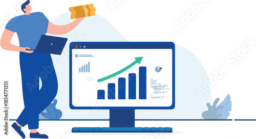 Making money online - Person standing with computer holding coins in hand, smiling and being happy with income and royalty profits. Flat design cartoon vector illustration with white background.