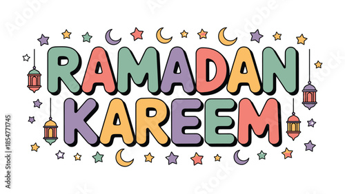 Ramadan Kareem: A vibrant illustration of Ramadan Kareem, designed with colorful text, crescent moons, stars, and lanterns. A visual representation of the spirit of generosity.
