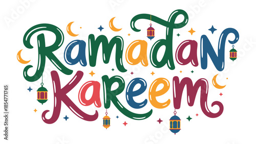 Ramadan Kareem: A vibrant and colorful illustration of the greeting Ramadan Kareem during the holy month. Featuring cheerful crescent moons, shining stars, and festive lanterns.