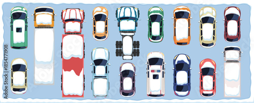 Winter cars and trucks top view set. Vector illustration