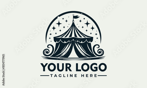 A vector illustration of a circus tent logo with stars and customizable text on a light background, ideal for branding and advertising.