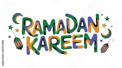 Ramadan Kareem: A vibrant illustration showcasing the spirit of Ramadan, with bold, colorful lettering and decorative elements symbolizing the festive season. 