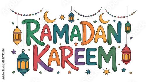 Ramadan Kareem Illustration: Festive and colorful Ramadan Kareem illustration with crescent moon, star, and lantern decorations, evoking a spirit of joy and religious observance. 