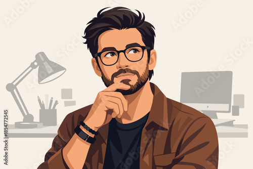 Clean vector illustration of creative male designer with thoughtful expression and modern style.