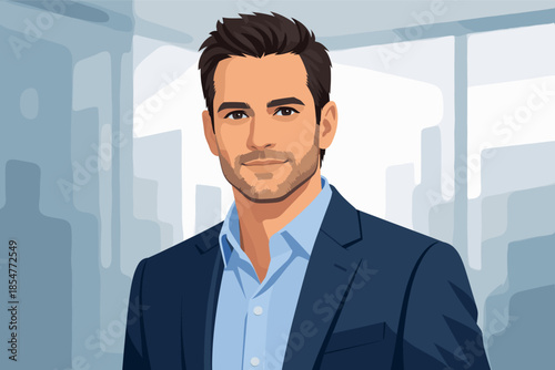 Modern vector portrait of confident male entrepreneur looking directly at camera.