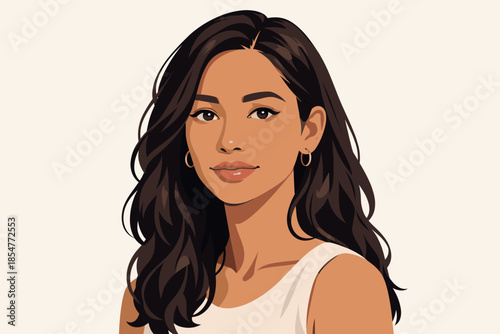 Minimalist vector portrait of diverse female with natural makeup and calm expression.