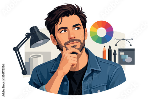 Clean vector illustration of creative male designer with thoughtful expression and modern style.
