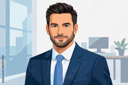 Modern vector portrait of confident male entrepreneur looking directly at camera.