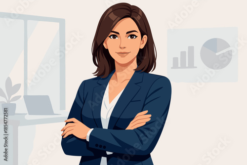 Clean vector portrait of confident female manager showing leadership and professional posture.