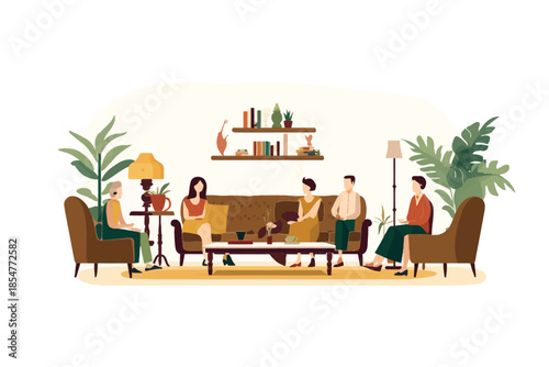 Family Gathering in Retro Living Room isolated vector style illustration