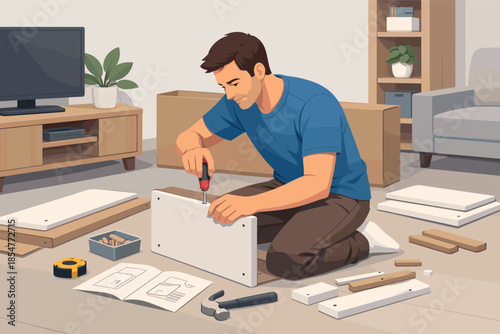Modern vector illustration of man assembling flat pack furniture at home DIY concept.