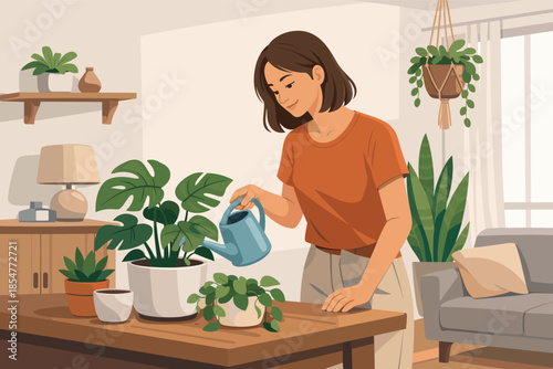 Modern vector illustration of woman watering houseplants at home wellbeing concept.
