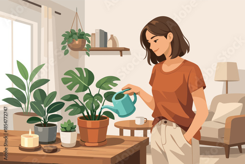 Modern vector illustration of woman watering houseplants at home wellbeing concept.