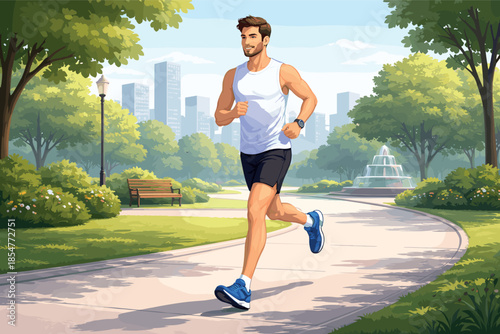 Modern vector illustration of man jogging in urban park healthy lifestyle concept.