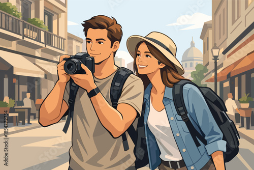 Modern vector illustration of couple exploring city streets travel lifestyle atmosphere.