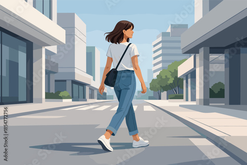 Modern vector illustration of woman walking through minimalist city street daytime urban lifestyle.