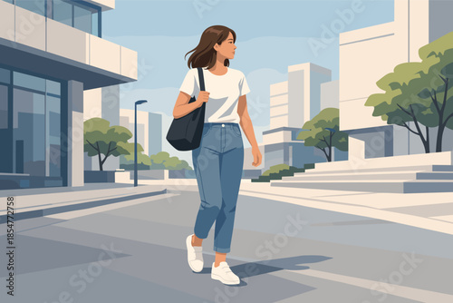 Modern vector illustration of woman walking through minimalist city street daytime urban lifestyle.