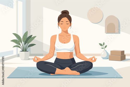 Modern vector illustration of woman practicing yoga wellness and balance concept.