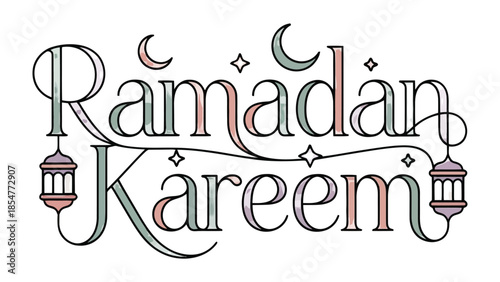 Ramadan Kareem: A beautifully crafted festive greeting for Ramadan, featuring intricate calligraphy, adorned with crescent moons and lanterns, embodying the spiritual essence and celebratory spirit.
