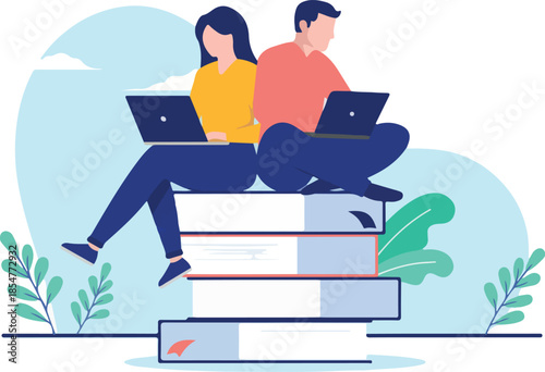 Man and woman studying together - Couple sitting on books with laptop computers learning and educating themselves. Flat design vector illustration with white background