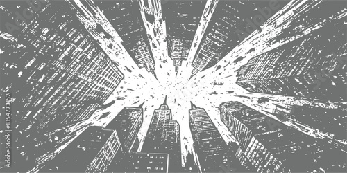 Grunge perspective looking up at skyscrapers in a retro style illustration