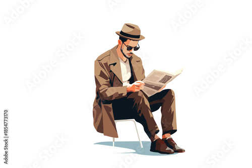 Man Reading Newspaper with Vintage Typography Element isolated vector style illustration