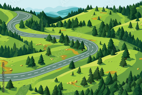 Top aerial view of summer mountains with road serpent isolated vector style illustration