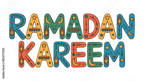 Ramadan Kareem Lettering: A vibrantly designed greeting celebrating Ramadan, the holy month, featuring colorful letters adorned with symbolic decorations. 