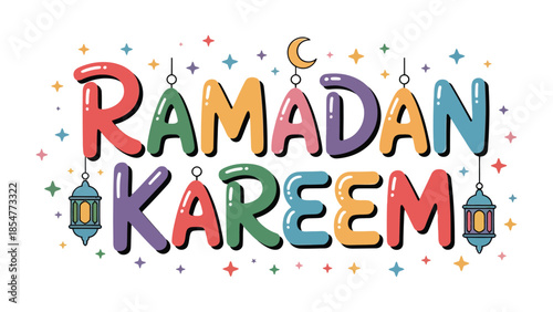 Ramadan Kareem Illustration: Colorful, festive, and inviting, this illustration encapsulates the spirit of Ramadan Kareem with radiant letters, a crescent moon, and ornate lanterns.
