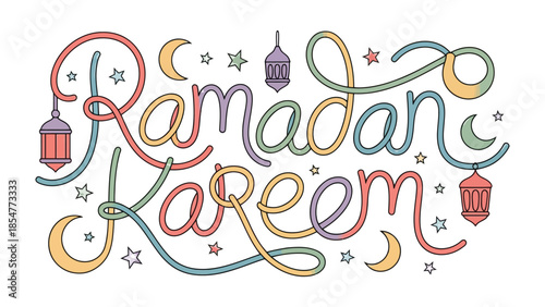 Ramadan Kareem: A vibrant illustration for the holy month of Ramadan, showcasing the elegance of lettering, crescent moons, lanterns, and stars.