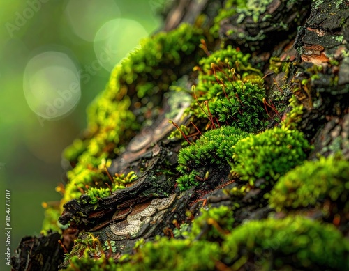 Moss covered tree trunk closeup