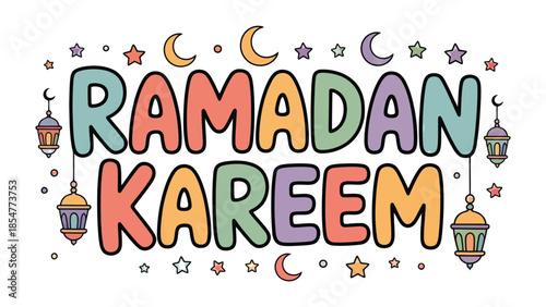 Ramadan Kareem Illustration: A festive and vibrant illustration proclaims Ramadan Kareem, adorned with celestial bodies and lanterns