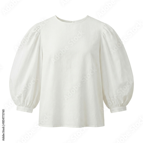 White linen blouse with puff sleeves on transparent background