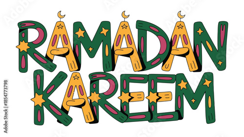Ramadan Kareem Typography: A festive and vibrant graphic design celebrating the holy month of Ramadan, with bold lettering and decorative elements to convey a sense of joy and reflection.