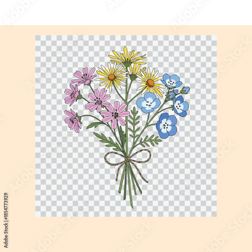 A bouquet of colorful flowers with pink, yellow, and blue petals on green stems tied with a ribbon