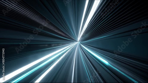 Abstract futuristic blue light tunnel with high speed neon streaks and spiral warp effect